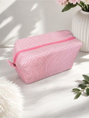 Pink White Cosmetic Bag Makeup Toiletry Pouch Zipper Travel Organizer